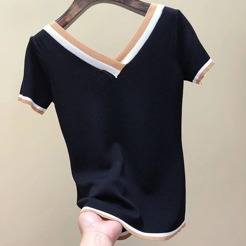 V-Neck Ladies Pullover Sweater Knitted 2024 Summer Short Sleeve Contrast Colour Striped Slim Women Clothes