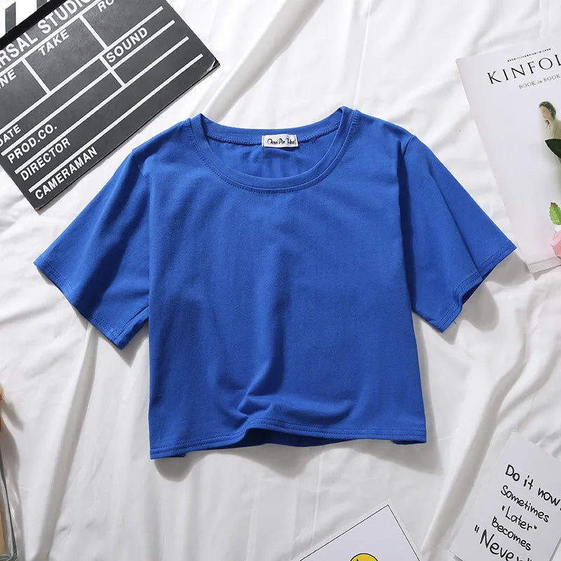 Summer Short Sleeve T Shirts Women  Solid O Neck High Waist Crop Top Tee Female Casual Loose T Shirt