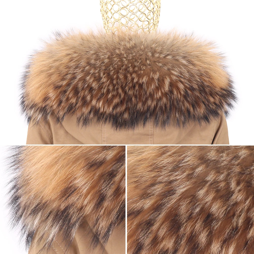 FURARISTOCRAT Women's Thick Real Fur Coat with Hood - Rabbit & Raccoon Dog Fur, Winter 2024