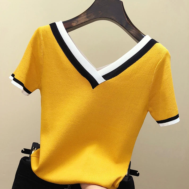 V-Neck Ladies Pullover Sweater Knitted 2024 Summer Short Sleeve Contrast Colour Striped Slim Women Clothes