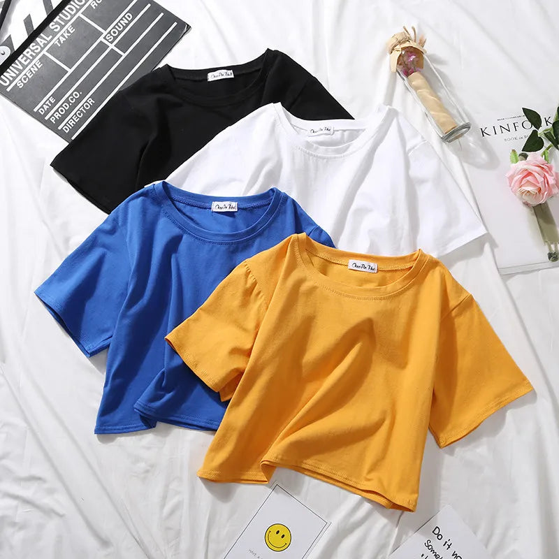 Summer Short Sleeve T Shirts Women  Solid O Neck High Waist Crop Top Tee Female Casual Loose T Shirt
