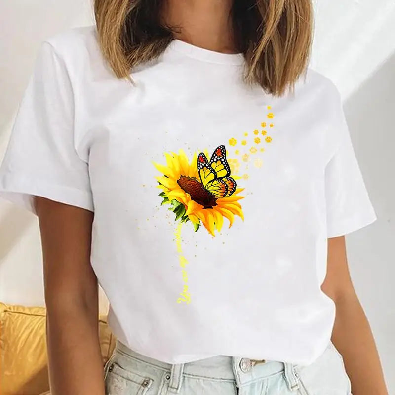Youzhao Women's Cartoon Print Casual O-Neck T-shirt – Summer Top