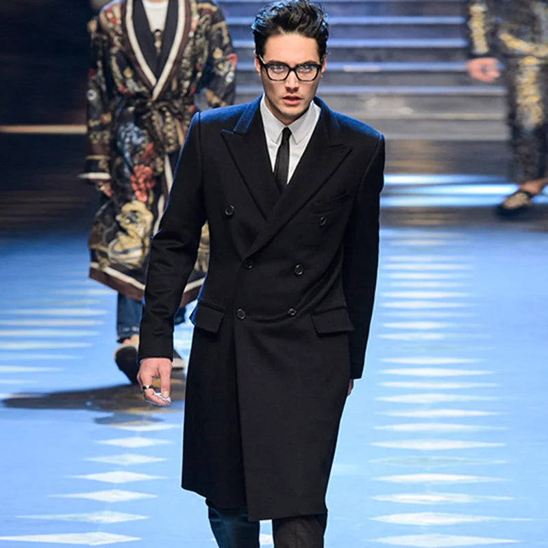 NoEnName_Null Men’s Double-Breasted Wool Blend Coat – Long Casual Outerwear with Turn-Down Collar