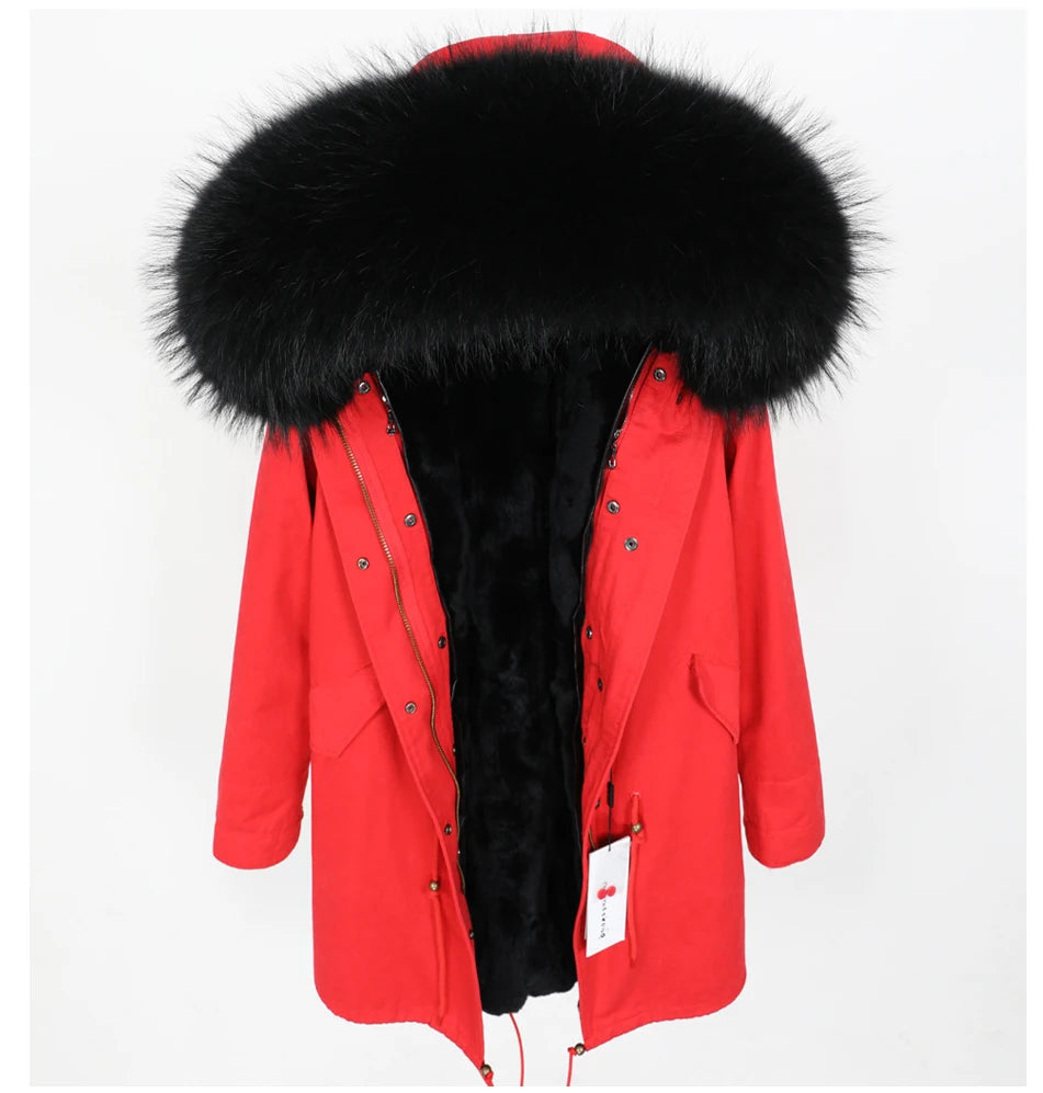 FURARISTOCRAT Women's Thick Real Fur Coat with Hood - Rabbit & Raccoon Dog Fur, Winter 2024