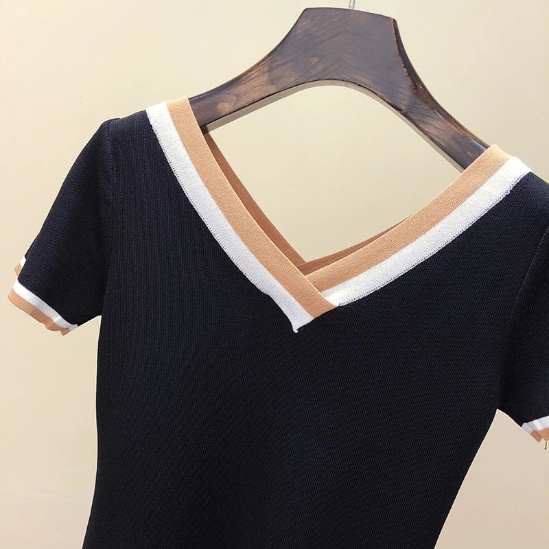 V-Neck Ladies Pullover Sweater Knitted 2024 Summer Short Sleeve Contrast Colour Striped Slim Women Clothes