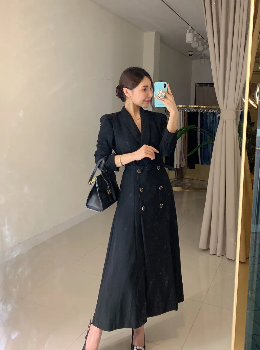 NoEnName Women's Office Lady A-Line Mid-Calf Dress – Double Breasted, Notched Neckline, and Sashes Decoration