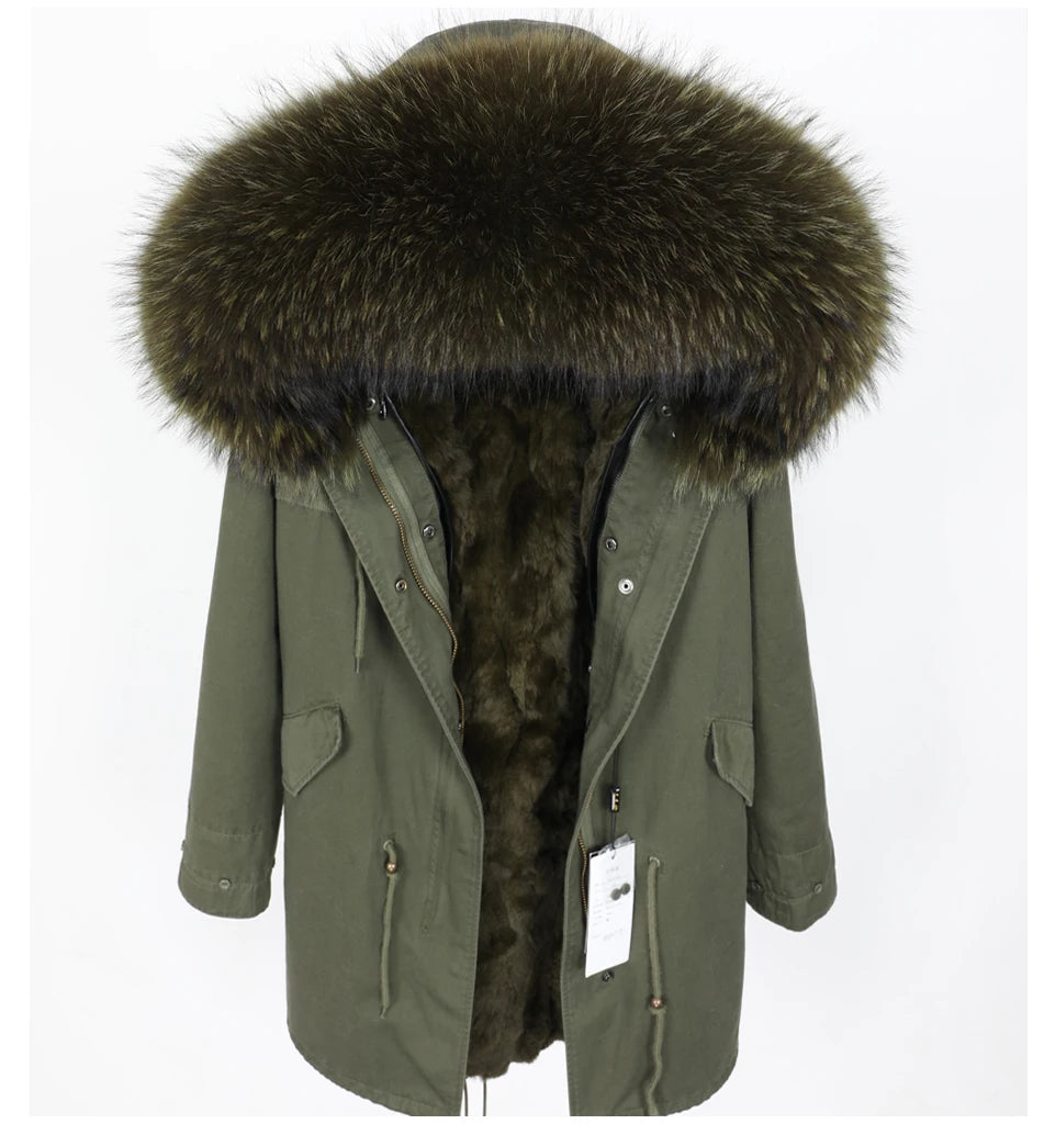 FURARISTOCRAT Women's Thick Real Fur Coat with Hood - Rabbit & Raccoon Dog Fur, Winter 2024