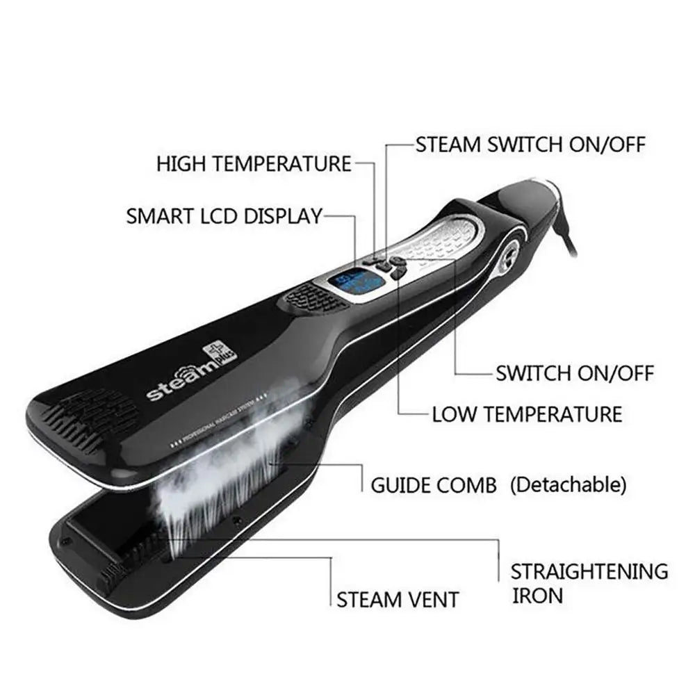 UKLISS Wet and Dry Hair Straightener Tourmaline Ceramic Hot Comb with Steam and Ion Technology Black White