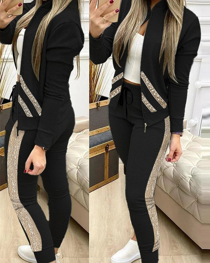 FiLiFiTi Women's Streetwear Sequined Zippered Tracksuit Set – Autumn/Winter 2023