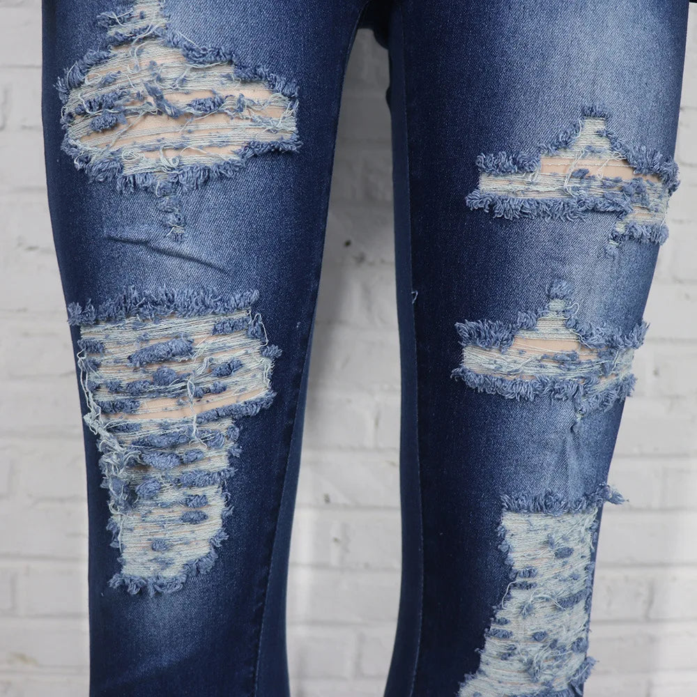 Shuaenls Women's Casual Distressed Denim Pant Set – Full Length Pencil Pants & Frayed Denim Top