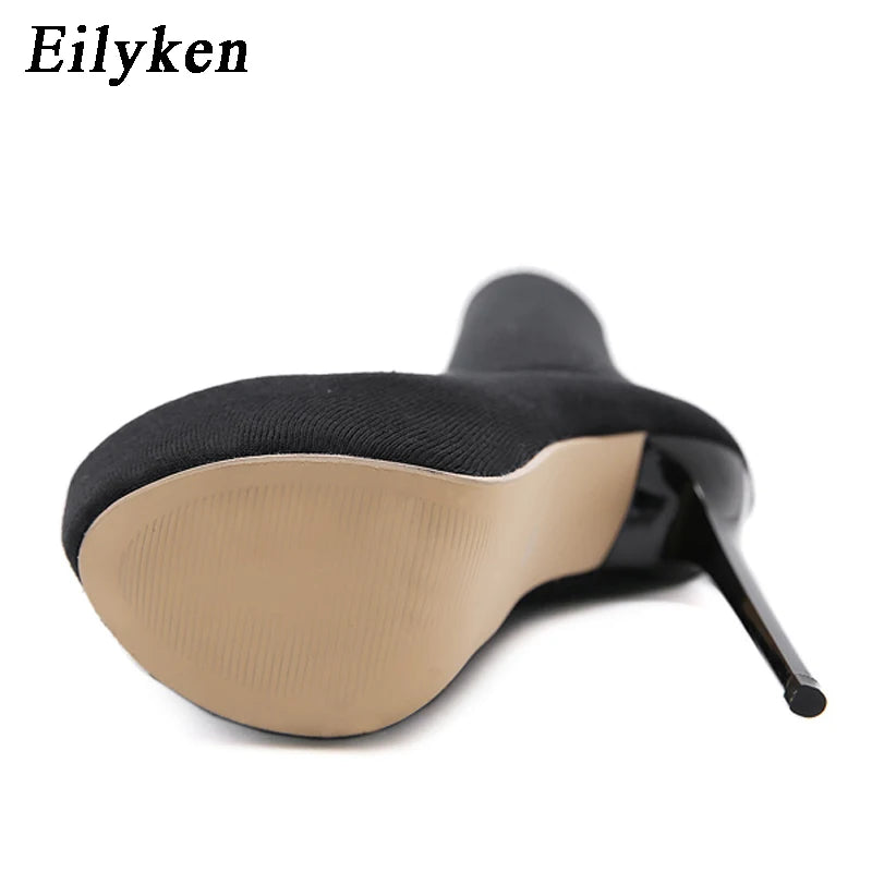 Eilyken Over-the-Knee Motorcycle Boots for Women – Platform, Thin Heels, Stretch Fabric, Super High Heel