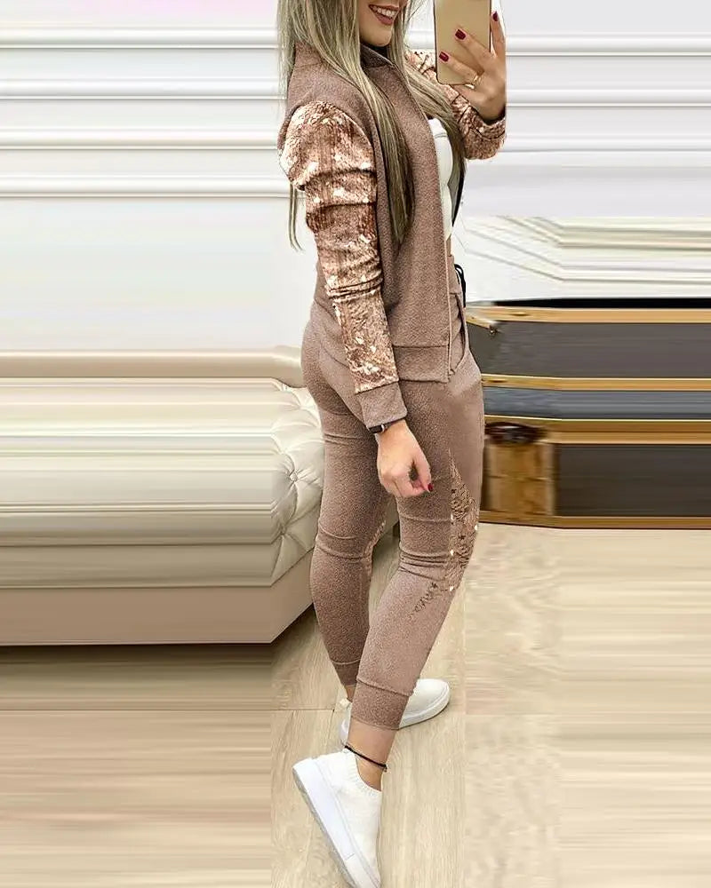 FiLiFiTi Women's Streetwear Sequined Zippered Tracksuit Set – Autumn/Winter 2023