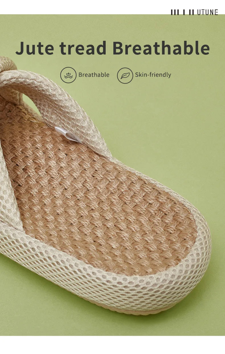 Utune Women's Cross-Tied Hemp Slippers - Comfortable Indoor Flat Slippers for Summer & Autumn
