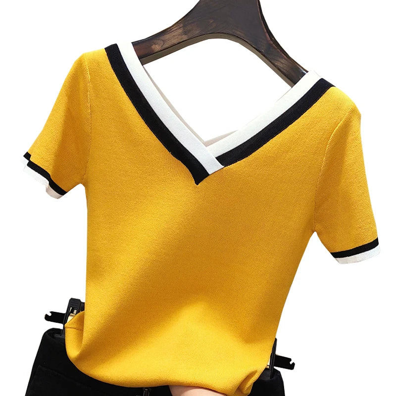 V-Neck Ladies Pullover Sweater Knitted 2024 Summer Short Sleeve Contrast Colour Striped Slim Women Clothes
