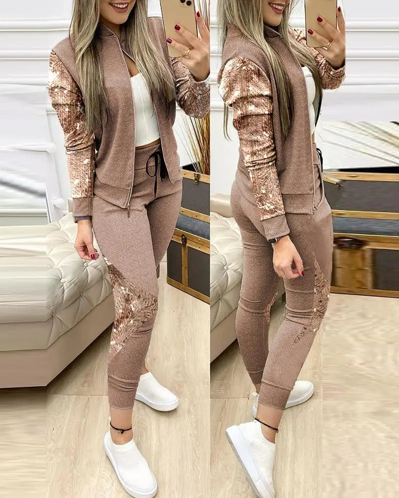 FiLiFiTi Women's Streetwear Sequined Zippered Tracksuit Set – Autumn/Winter 2023