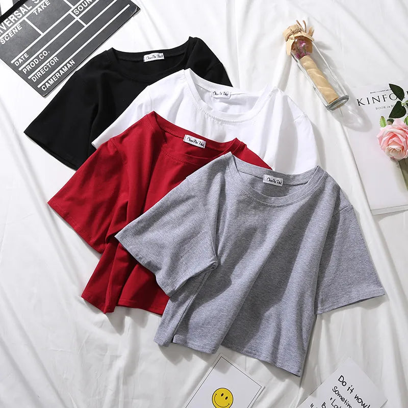 Summer Short Sleeve T Shirts Women  Solid O Neck High Waist Crop Top Tee Female Casual Loose T Shirt