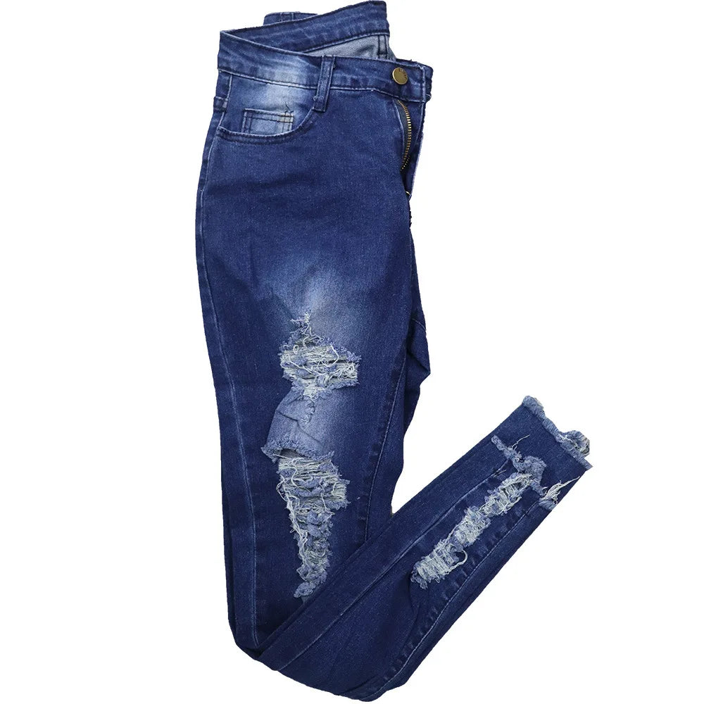 Shuaenls Women's Casual Distressed Denim Pant Set – Full Length Pencil Pants & Frayed Denim Top