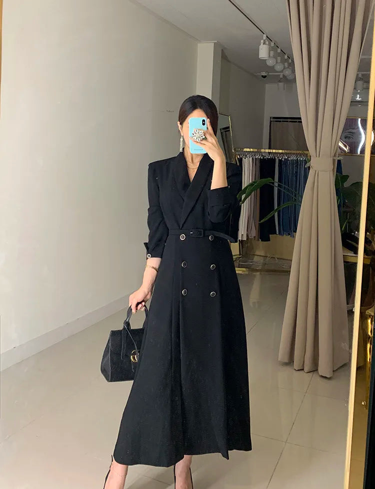 NoEnName Women's Office Lady A-Line Mid-Calf Dress – Double Breasted, Notched Neckline, and Sashes Decoration