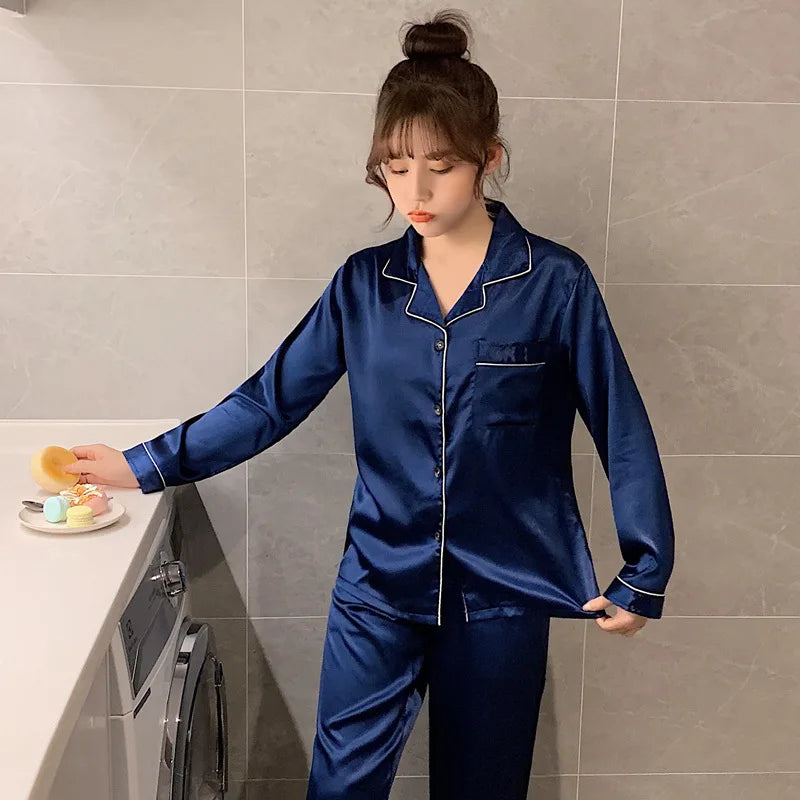 Song of Silk Women's Satin Pajama Set - Full-Length Silk Sleepwear for Autumn