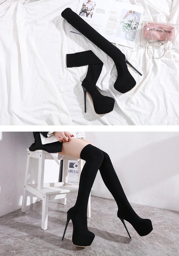Eilyken Over-the-Knee Motorcycle Boots for Women – Platform, Thin Heels, Stretch Fabric, Super High Heel