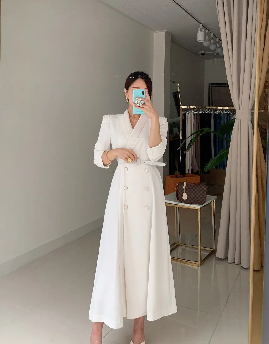 NoEnName Women's Office Lady A-Line Mid-Calf Dress – Double Breasted, Notched Neckline, and Sashes Decoration