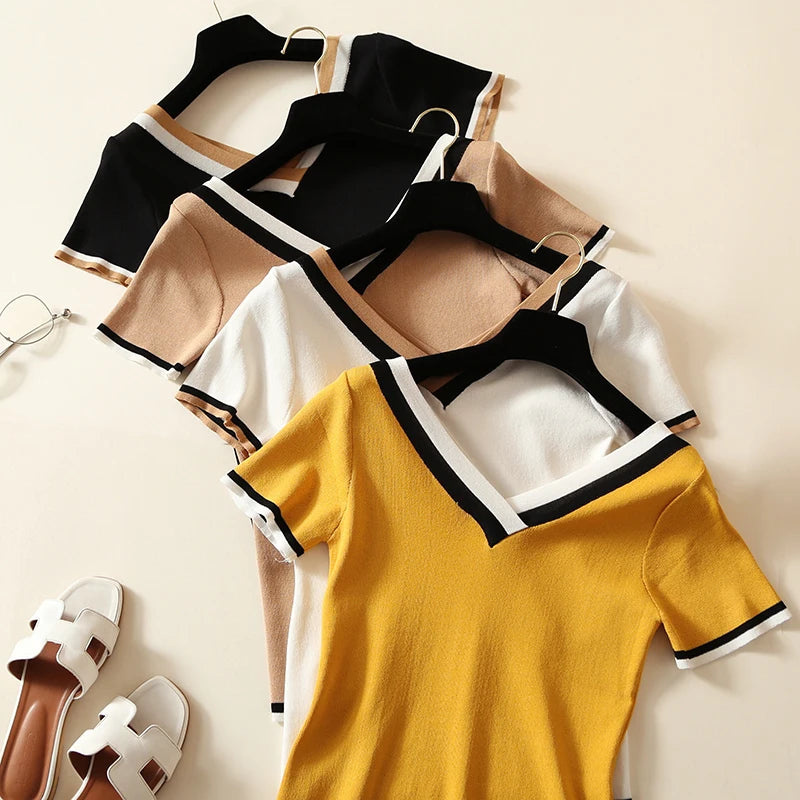 V-Neck Ladies Pullover Sweater Knitted 2024 Summer Short Sleeve Contrast Colour Striped Slim Women Clothes