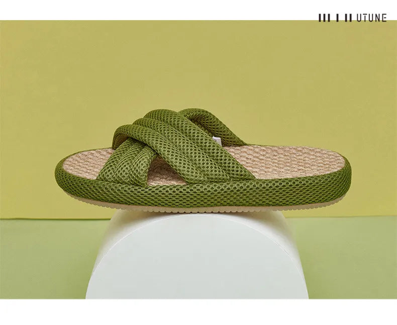 Utune Women's Cross-Tied Hemp Slippers - Comfortable Indoor Flat Slippers for Summer & Autumn