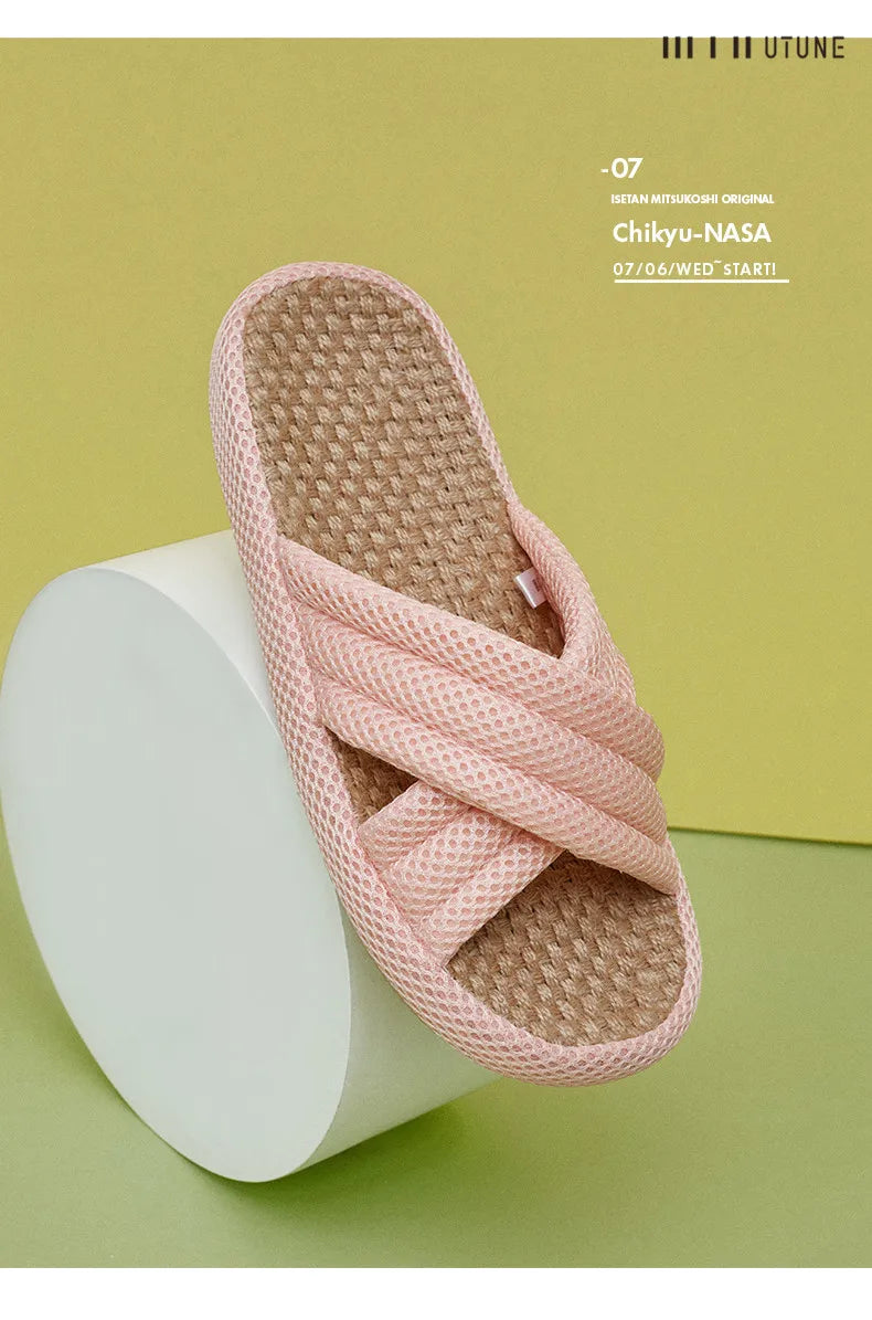 Utune Women's Cross-Tied Hemp Slippers - Comfortable Indoor Flat Slippers for Summer & Autumn