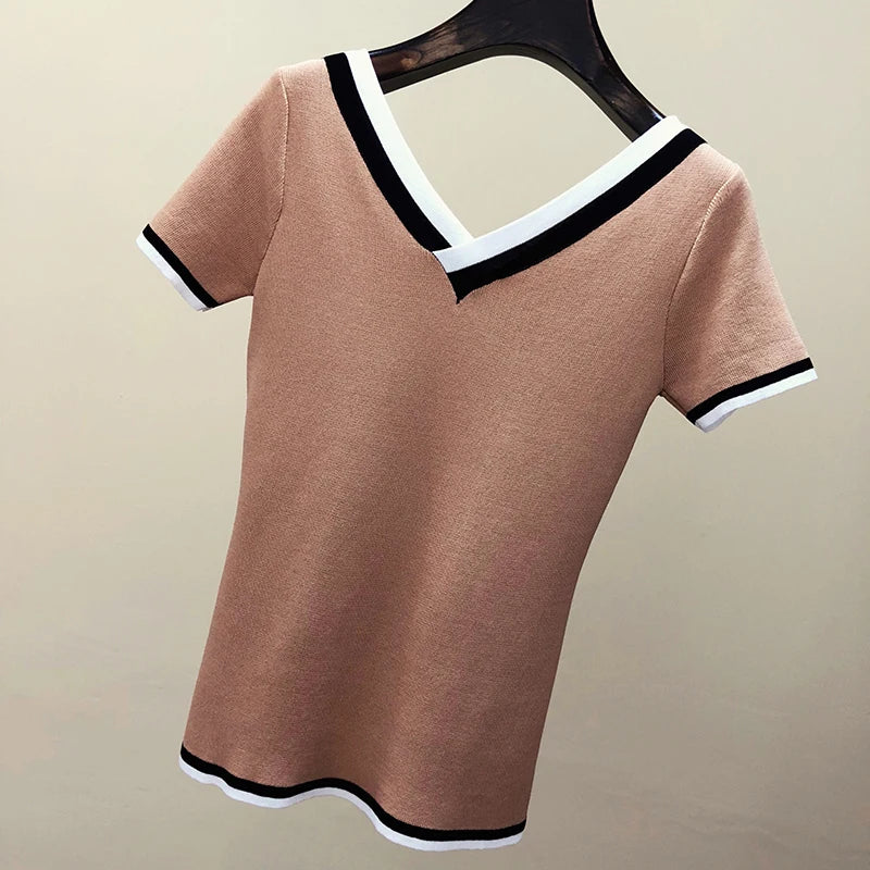 V-Neck Ladies Pullover Sweater Knitted 2024 Summer Short Sleeve Contrast Colour Striped Slim Women Clothes