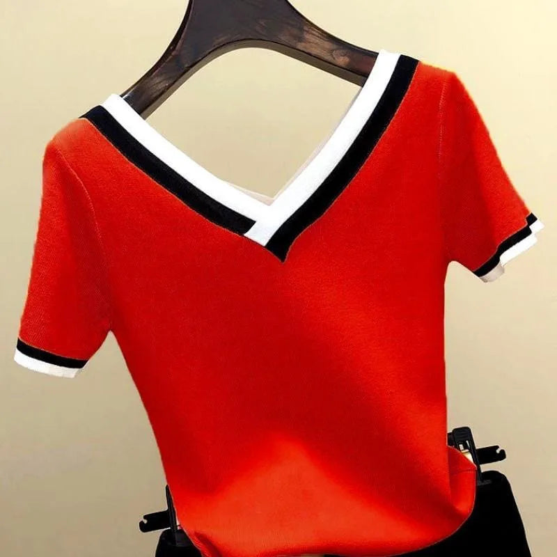 V-Neck Ladies Pullover Sweater Knitted 2024 Summer Short Sleeve Contrast Colour Striped Slim Women Clothes
