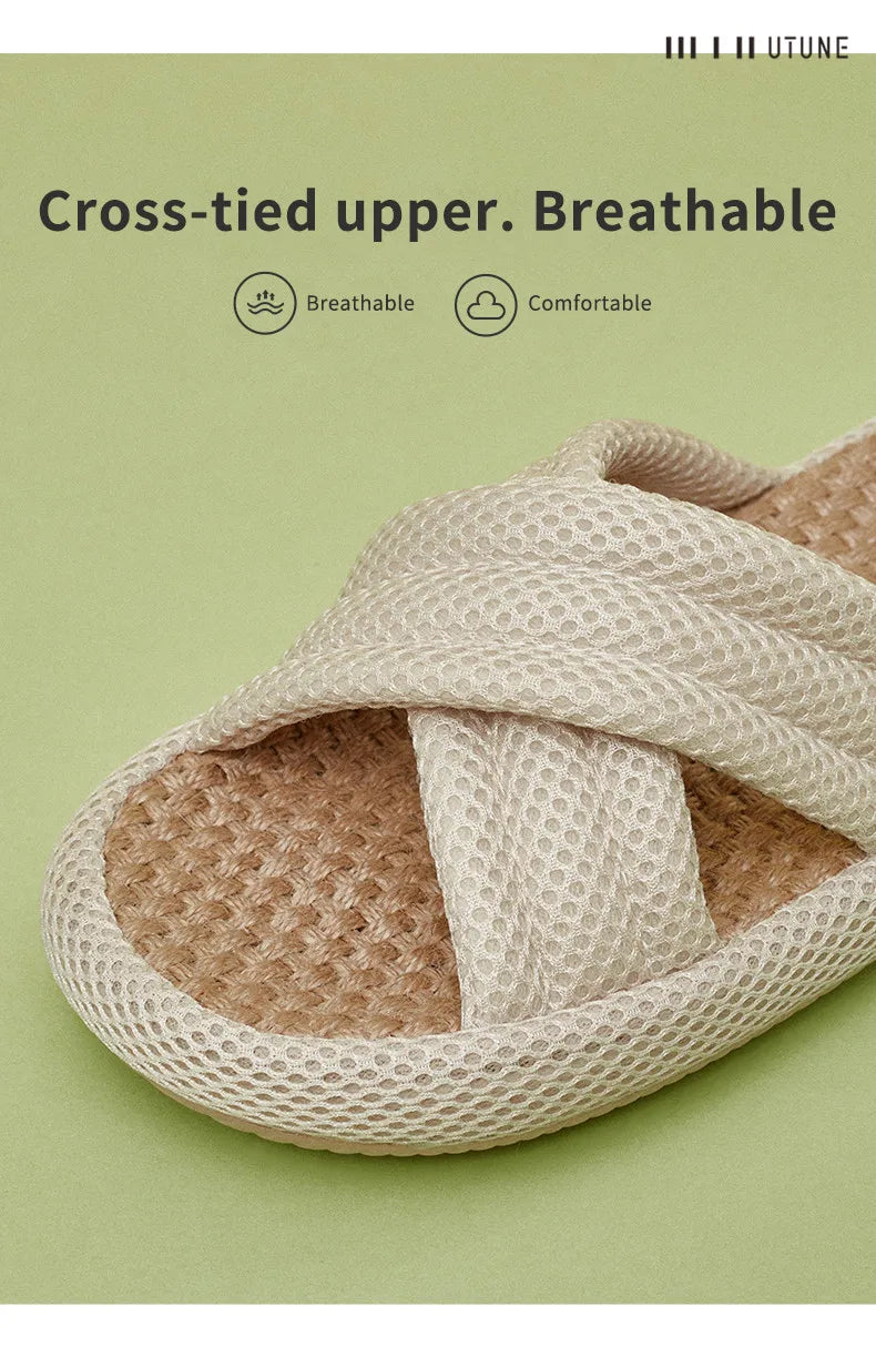 Utune Women's Cross-Tied Hemp Slippers - Comfortable Indoor Flat Slippers for Summer & Autumn