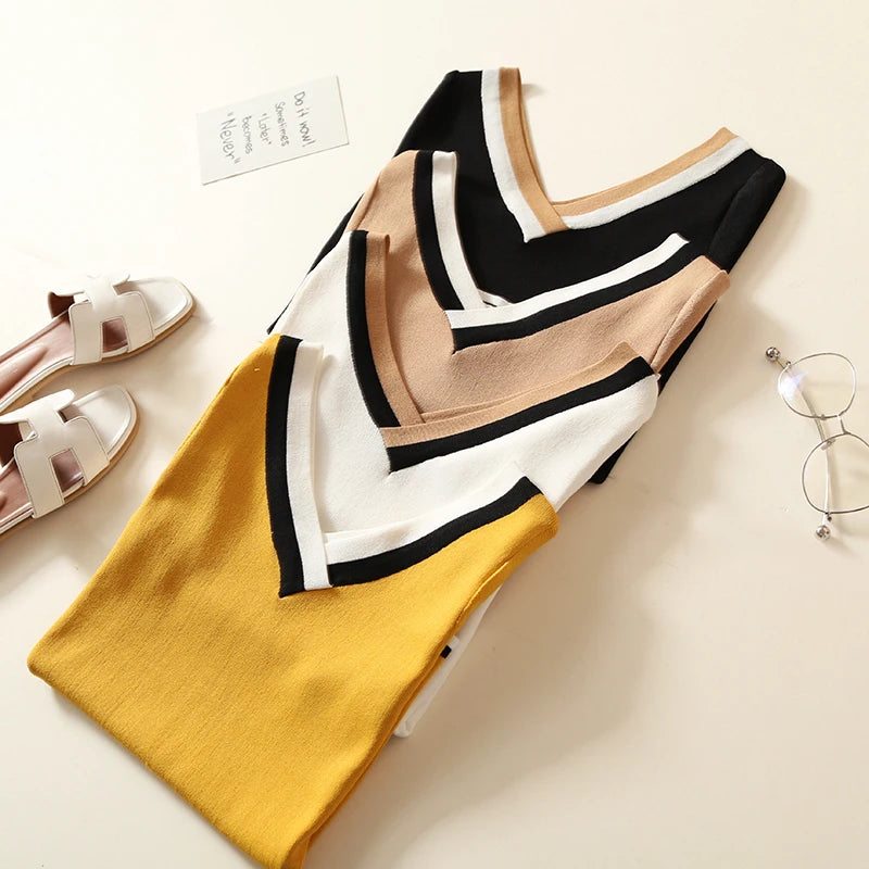V-Neck Ladies Pullover Sweater Knitted 2024 Summer Short Sleeve Contrast Colour Striped Slim Women Clothes
