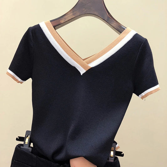 V-Neck Ladies Pullover Sweater Knitted 2024 Summer Short Sleeve Contrast Colour Striped Slim Women Clothes