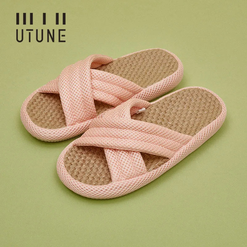 Utune Women's Cross-Tied Hemp Slippers - Comfortable Indoor Flat Slippers for Summer & Autumn