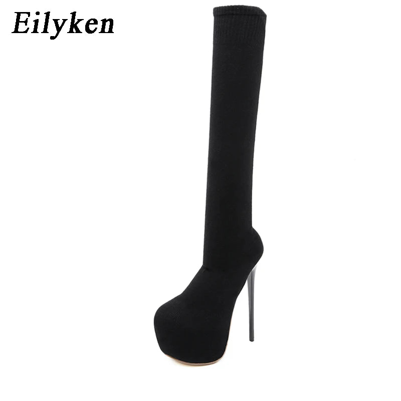 Eilyken Over-the-Knee Motorcycle Boots for Women – Platform, Thin Heels, Stretch Fabric, Super High Heel