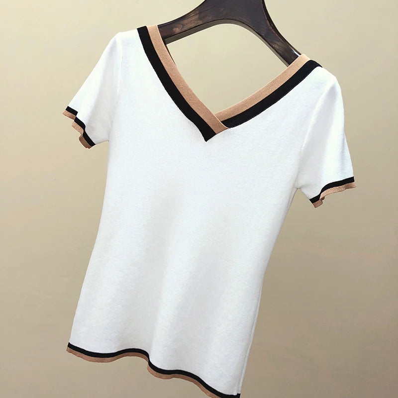 V-Neck Ladies Pullover Sweater Knitted 2024 Summer Short Sleeve Contrast Colour Striped Slim Women Clothes