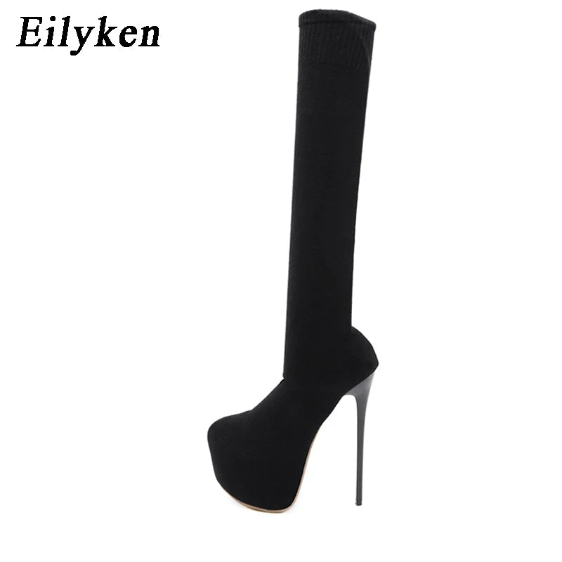 Eilyken Over-the-Knee Motorcycle Boots for Women – Platform, Thin Heels, Stretch Fabric, Super High Heel