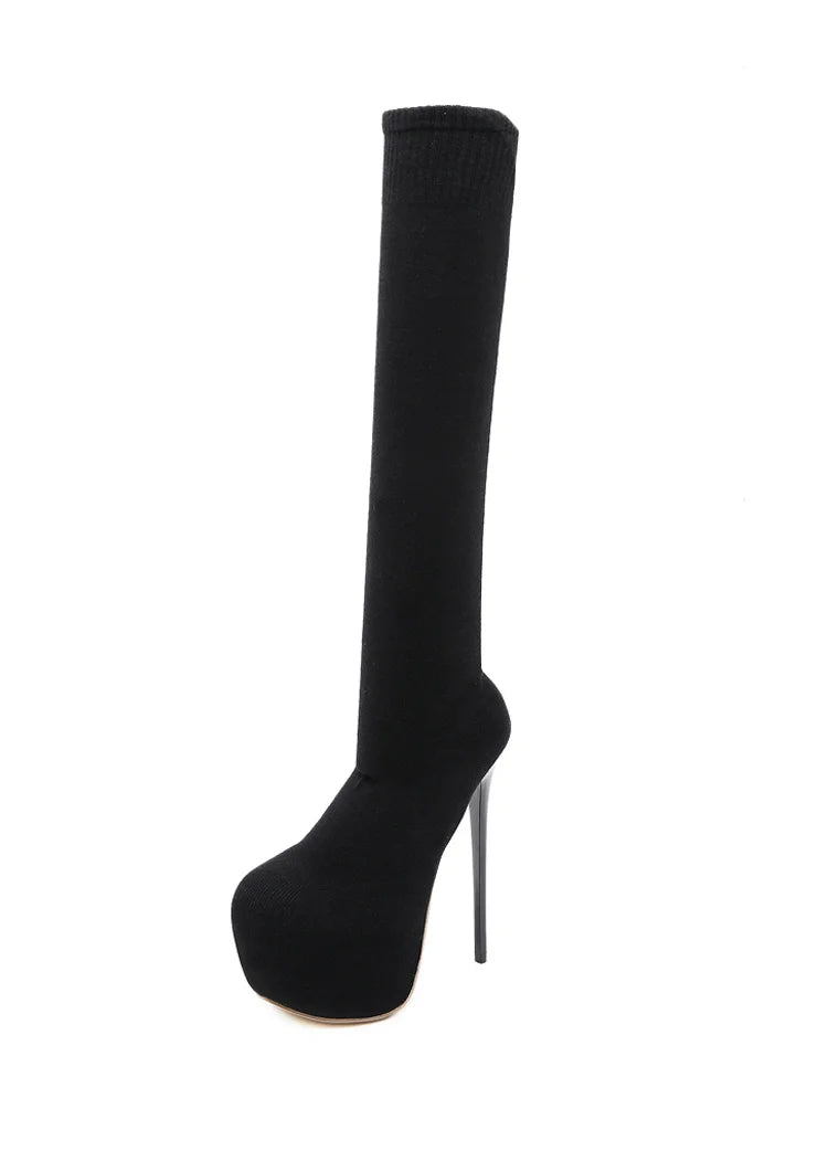 Eilyken Over-the-Knee Motorcycle Boots for Women – Platform, Thin Heels, Stretch Fabric, Super High Heel