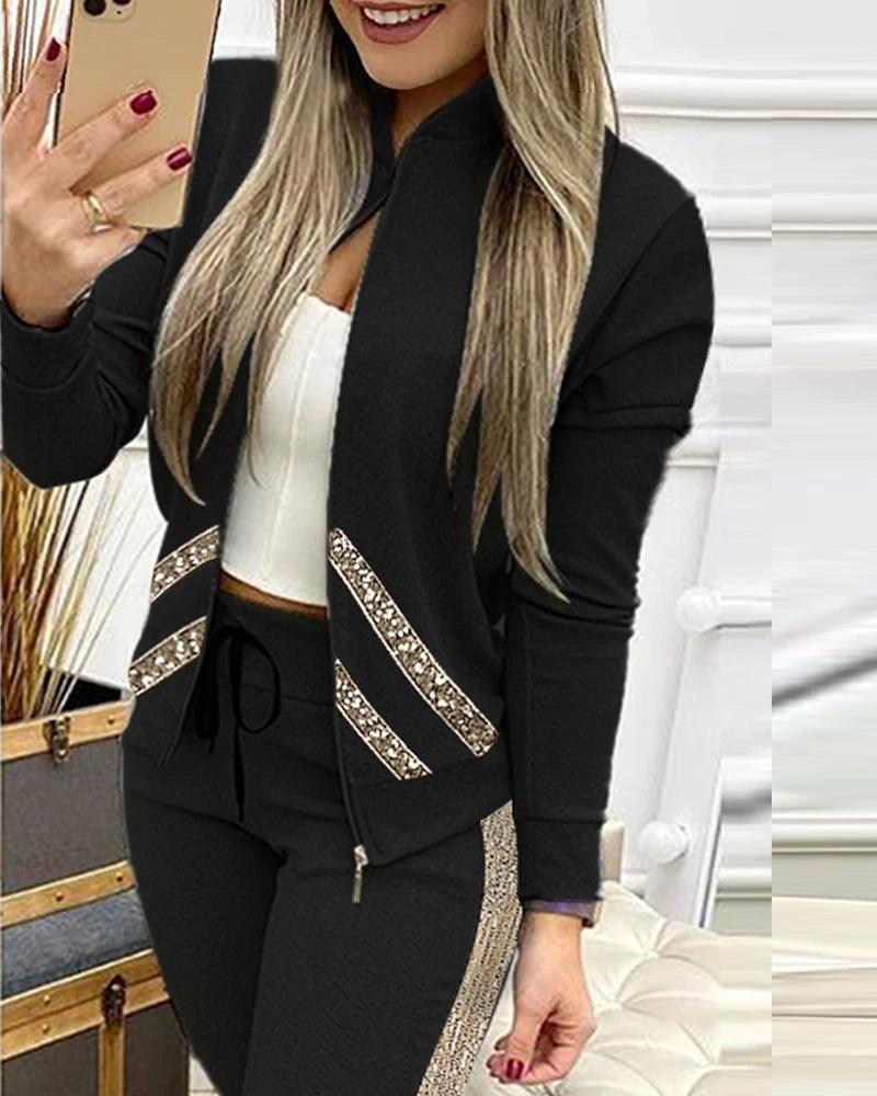 FiLiFiTi Women's Streetwear Sequined Zippered Tracksuit Set – Autumn/Winter 2023