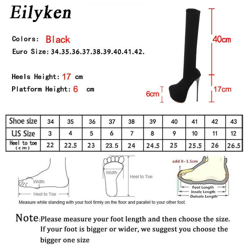 Eilyken Over-the-Knee Motorcycle Boots for Women – Platform, Thin Heels, Stretch Fabric, Super High Heel