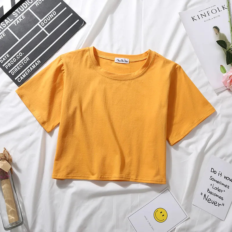 Summer Short Sleeve T Shirts Women  Solid O Neck High Waist Crop Top Tee Female Casual Loose T Shirt