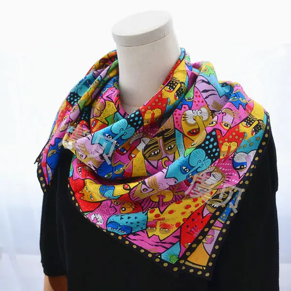 Cartoon cat 100% real natural silk scarf for girl and woman scarves gift spring autumn winter square scarves