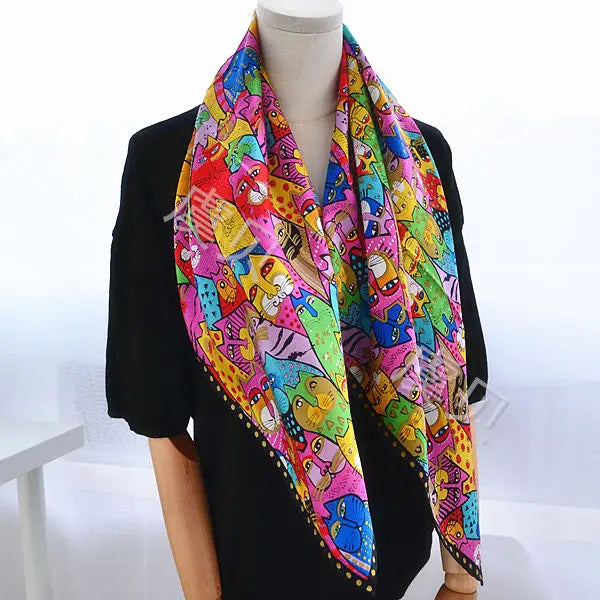 Cartoon cat 100% real natural silk scarf for girl and woman scarves gift spring autumn winter square scarves
