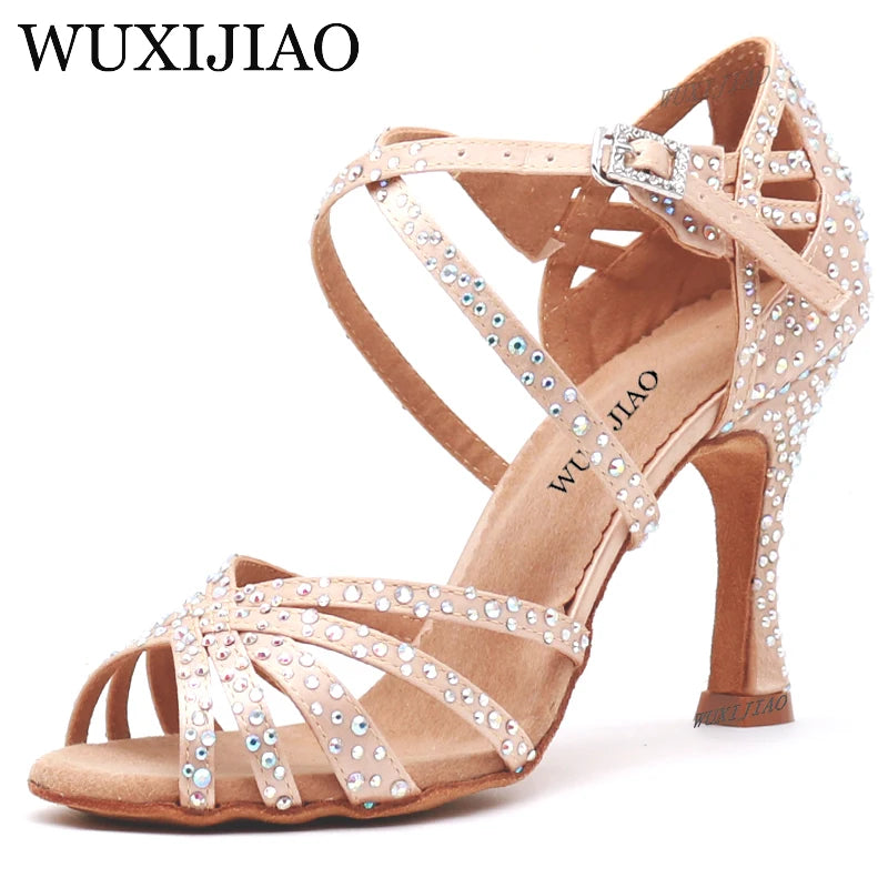 WUXIJIAO Women's Satin Ballroom Dance Shoes with Lace-Up Closure & Rhinestone Decoration