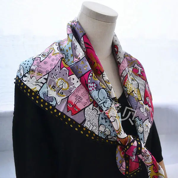 Cartoon cat 100% real natural silk scarf for girl and woman scarves gift spring autumn winter square scarves