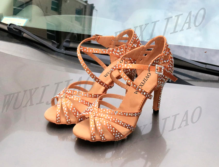 WUXIJIAO Women's Satin Ballroom Dance Shoes with Lace-Up Closure & Rhinestone Decoration