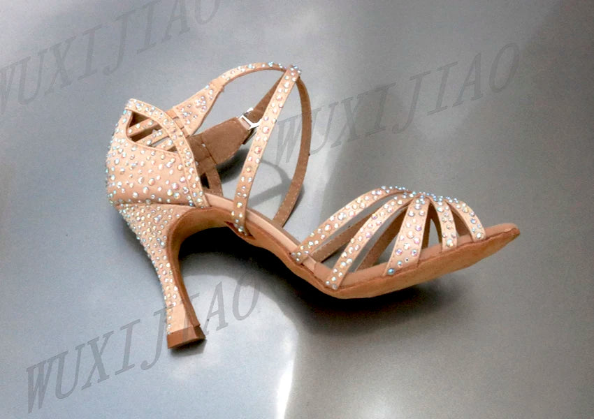 WUXIJIAO Women's Satin Ballroom Dance Shoes with Lace-Up Closure & Rhinestone Decoration