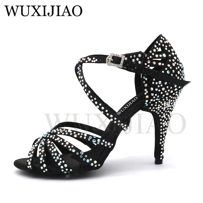 WUXIJIAO Women's Satin Ballroom Dance Shoes with Lace-Up Closure & Rhinestone Decoration