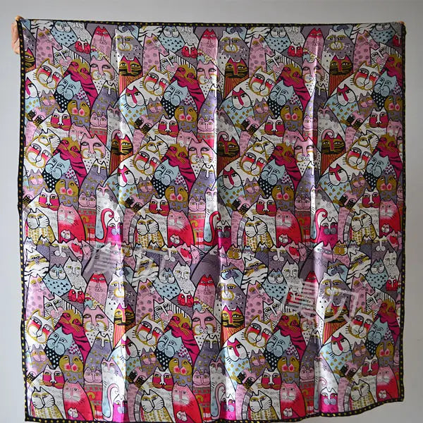 Cartoon cat 100% real natural silk scarf for girl and woman scarves gift spring autumn winter square scarves