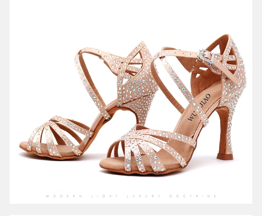 WUXIJIAO Women's Satin Ballroom Dance Shoes with Lace-Up Closure & Rhinestone Decoration
